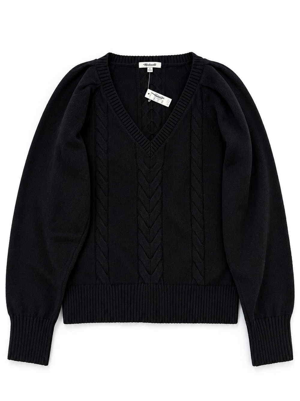 Madewell Merino Wool 100% Cable Knit V-Neck Puff Sleeve Sweater Black XL NWT - Picture 2 of 7